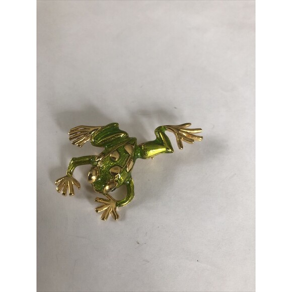 Vintage Green Enamel Gold Tone Green Rhinestone Eyes Frog Pin Brooch - Picture 2 of 7